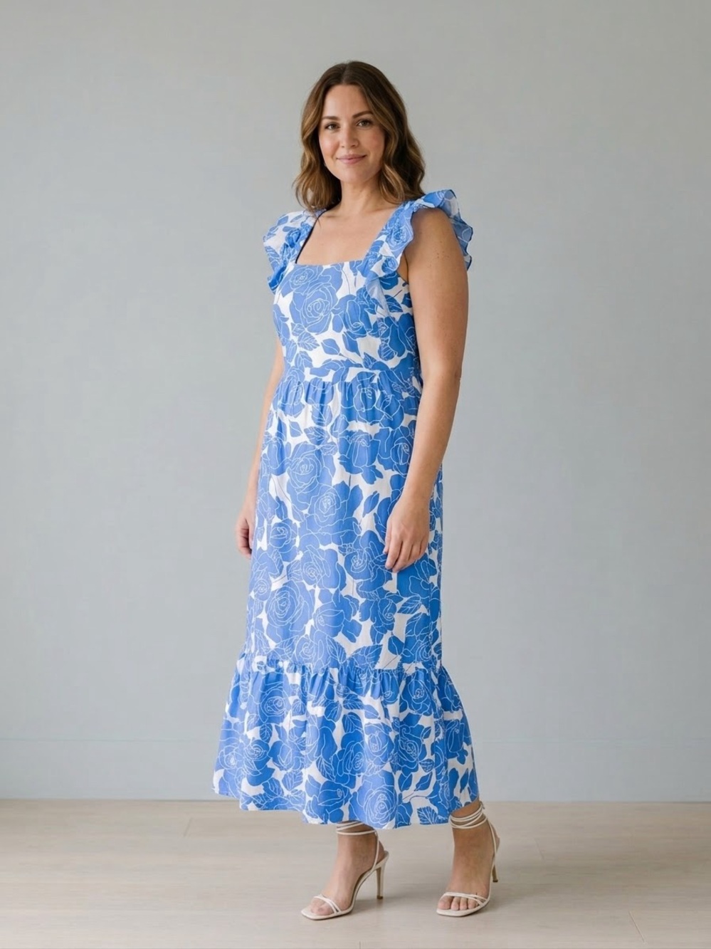 London Times Blue and White Floral Ruffle-Shoulder Maxi Dress